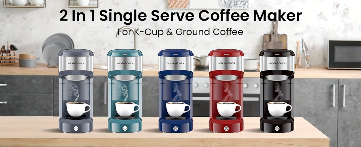 Single-Serve Coffee Maker for Pods or Grounds with 6-14oz Reservoir Range, 120V Label and Four Colors