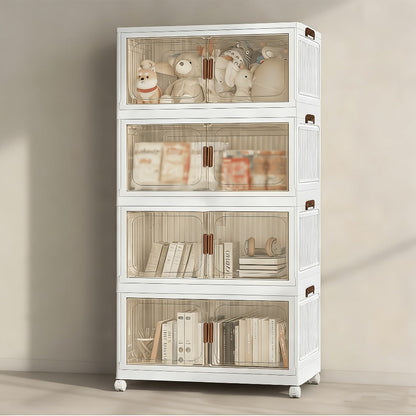 Stackable Foldable Storage Cabinet with Door, PP Plastic 1/2/3/4/5 Layer Organizer Box with Wheels & Cover