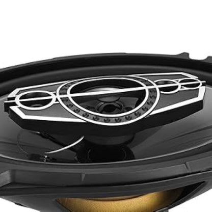 Pair of 6 x 9 Inch Five-Way Coaxial Car Speakers Labeled 1000W Peak, 120W RMS and 4 Ohms with Grilles
