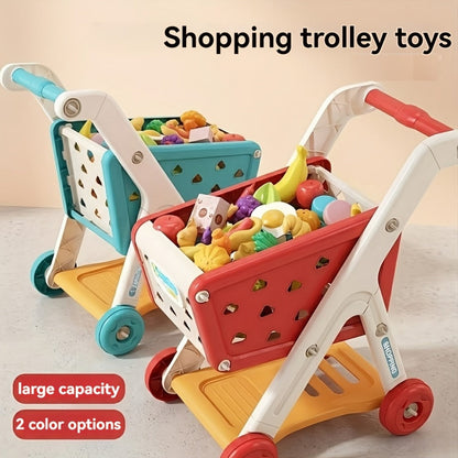 Kids Pretend Play Shopping Cart Toy Set with Realistic Food & Grocery Accessories, Supermarket Role Play for Toddlers Girls Boys Ages 3+