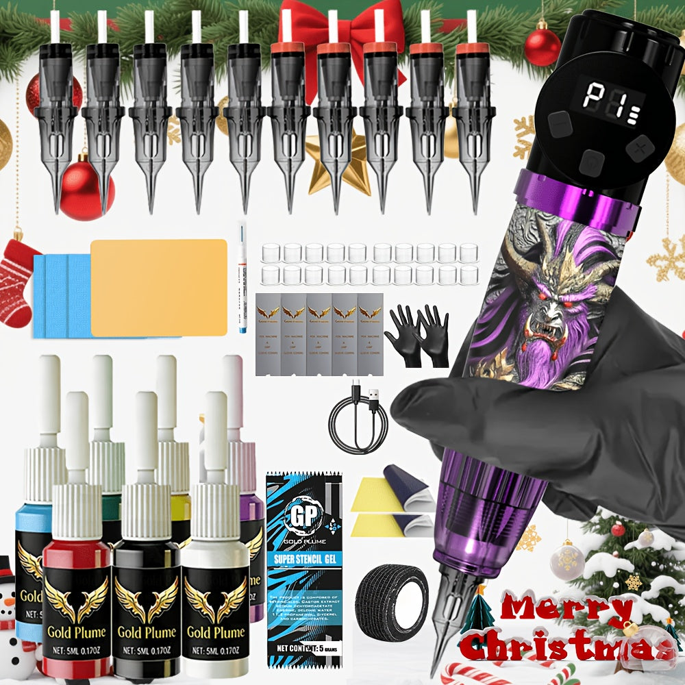 Tattoo Gun Kit Complete Set GOLDPLUME Cordless Rotary Machine 1500mAh Power Supply for Temporary Body Art, Festivals and Costumes