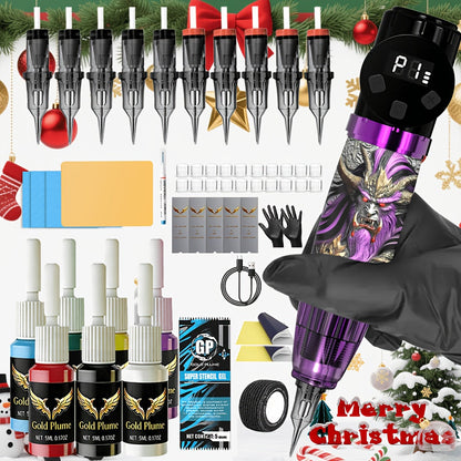 Tattoo Gun Kit Complete Set GOLDPLUME Cordless Rotary Machine 1500mAh Power Supply for Temporary Body Art, Festivals and Costumes