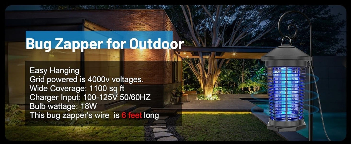 Hanging Electric Insect Zapper with 4000V Grid, 365 nm 18W UV Bulb, 6-Foot Cord and Cleaning Tools