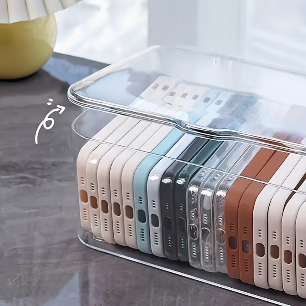 Clear Lidded Phone Case Storage Box, 10.2 x 7.9 x 5.1-Inch Desktop Organizer for Accessories