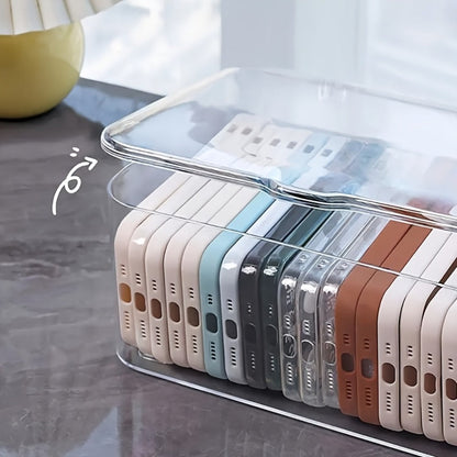Clear Lidded Phone Case Storage Box, 10.2 x 7.9 x 5.1-Inch Desktop Organizer for Accessories