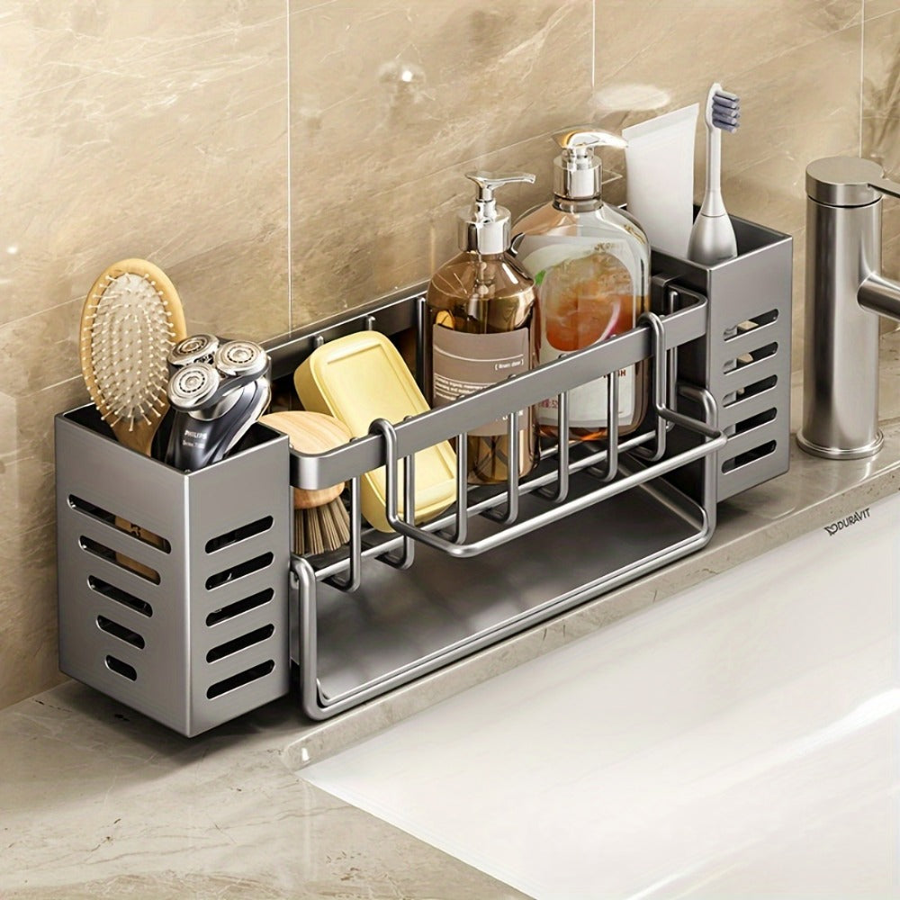 Kitchen Sink Organizer Sponge Holder with Self-Draining Tray Removable Rag Rod Carbon Steel for Home Cooking, Dining and Outdoor Meals