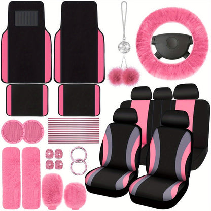 Car Seat Covers Fluffy Full-Cabin Accessory Set with Seat, Steering Wheel, Floor Mat and Belt Pieces