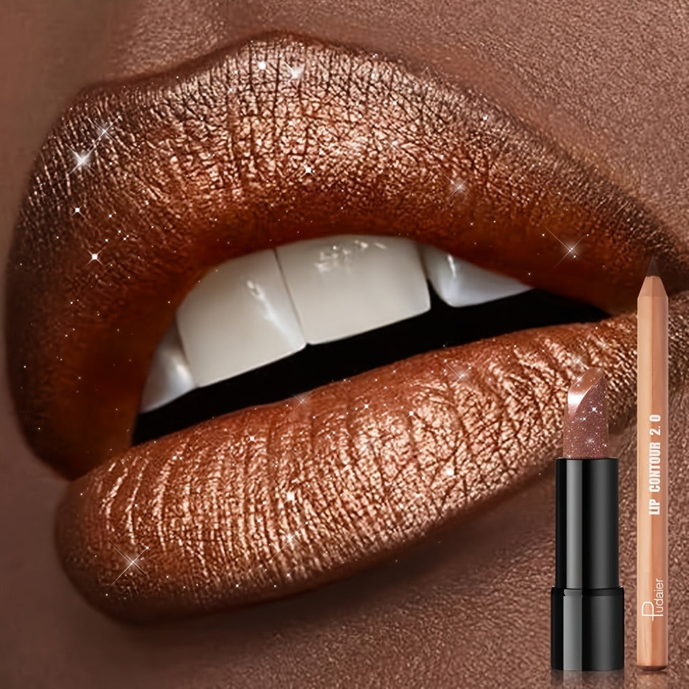 Golden Lipstick Set with Lip Liner Pencil 2 Piece, Brown Shimmer Lipstick and Nude Lip Liner