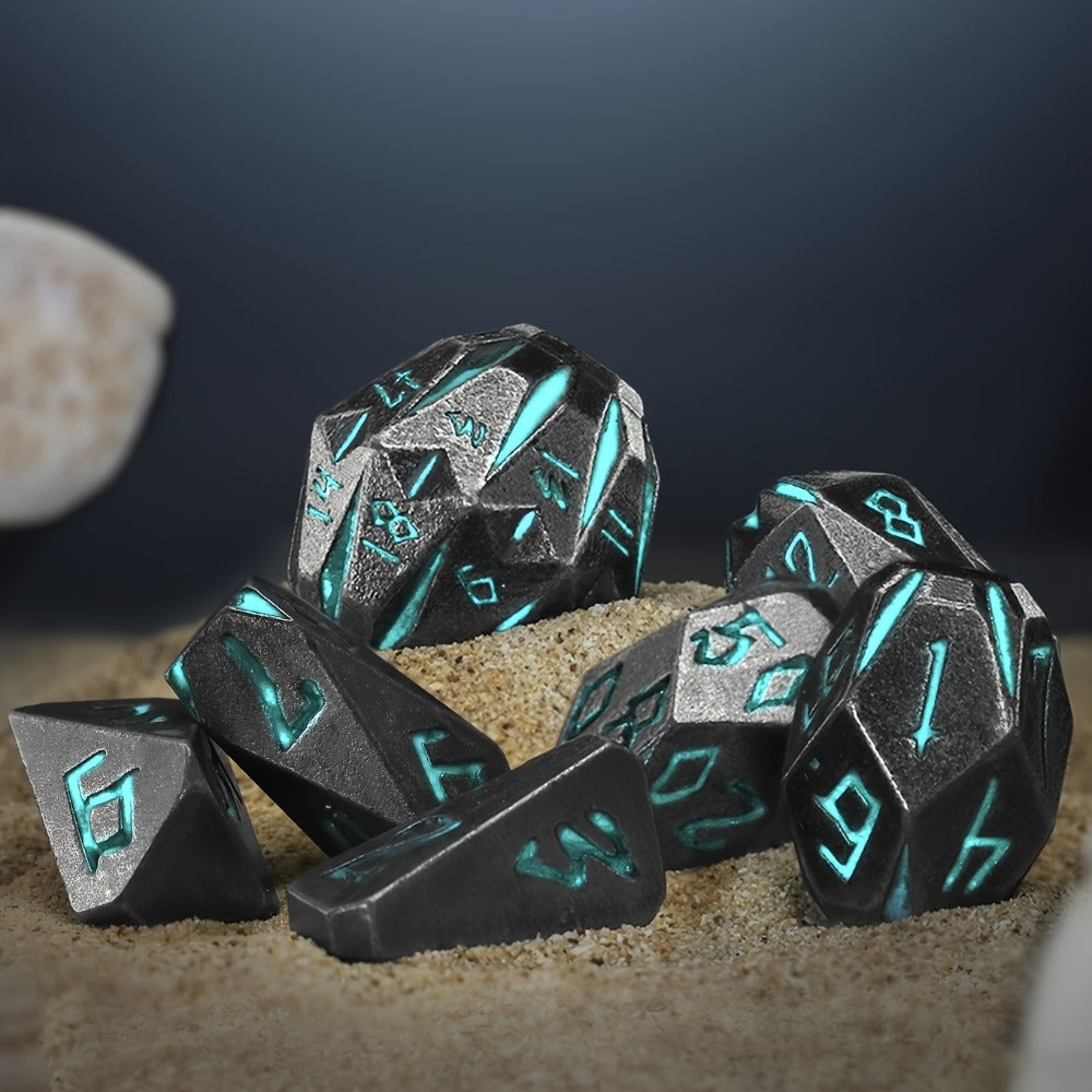 Metal DnD Dice Set 7pcs Glow in the Dark, Stonehenge Zinc Alloy Polyhedral Dice with Display Box