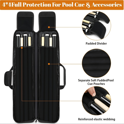 Pool Cue Case 4x4 with Hidden Backpack Strap | Billiard Cue Bag Holds 4 Butts & 4 Shafts | Hard Shell Pool Stick Carrying Case