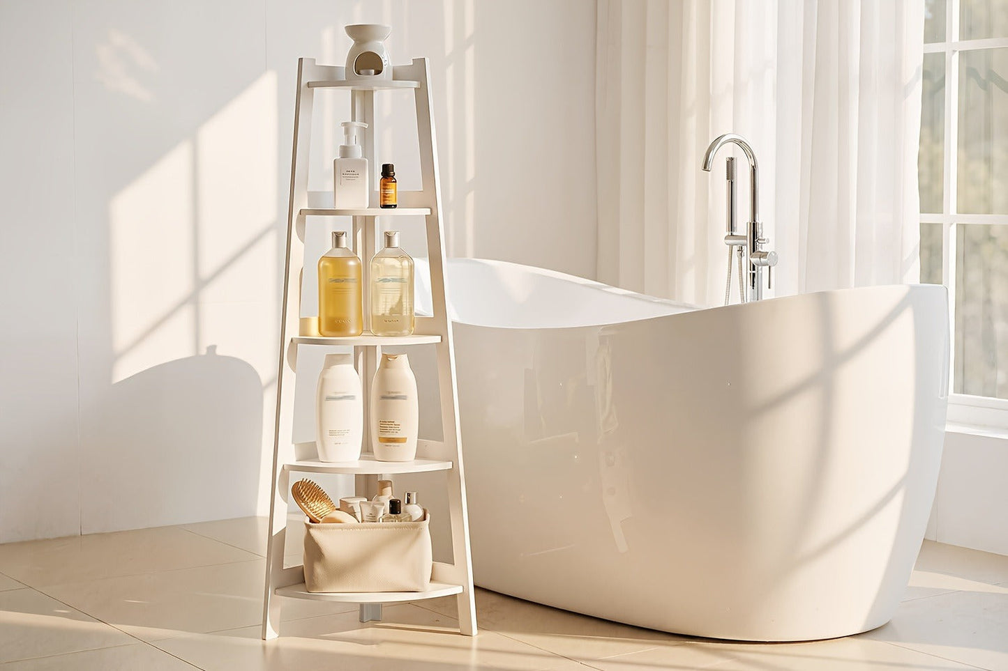 White Five-Tier Ladder-Style Freestanding Corner Shelf, Approximately 110 cm High and 34 cm Wide