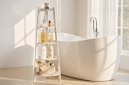 White Five-Tier Ladder-Style Freestanding Corner Shelf, Approximately 110 cm High and 34 cm Wide