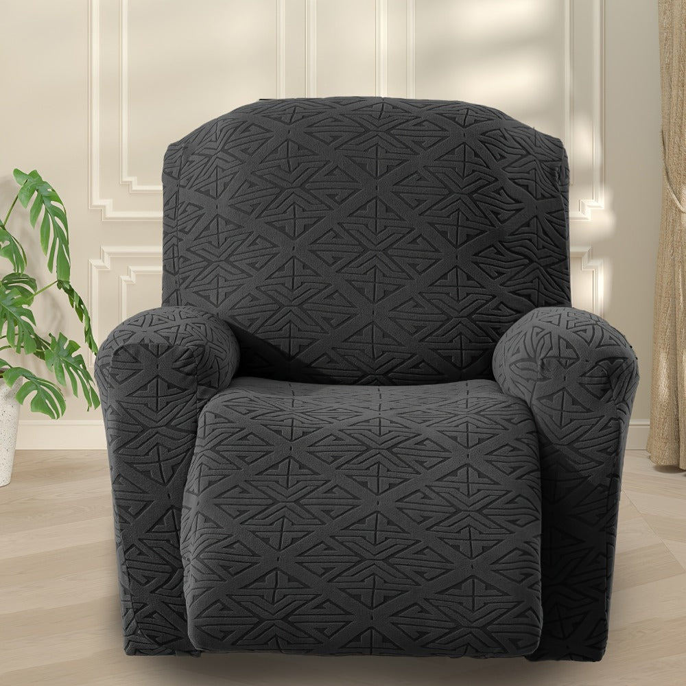 Four-Piece Geometric Jacquard Recliner Chair Cover Set with Labeled Left, Right, Back and Front Sections