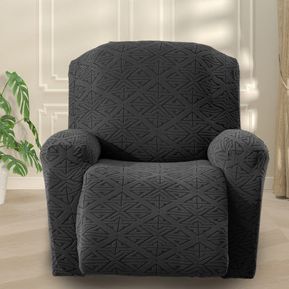 Four-Piece Geometric Jacquard Recliner Chair Cover Set with Labeled Left, Right, Back and Front Sections