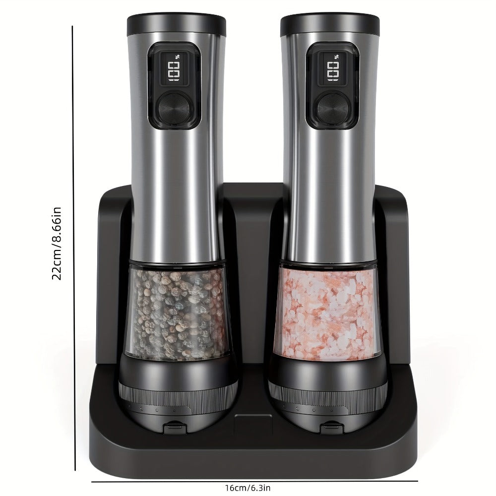 Electric Salt and Pepper Grinder Set Rechargeable USB Large with Base Adjustable Coarseness LED Display Kitchen Gift Silver Black
