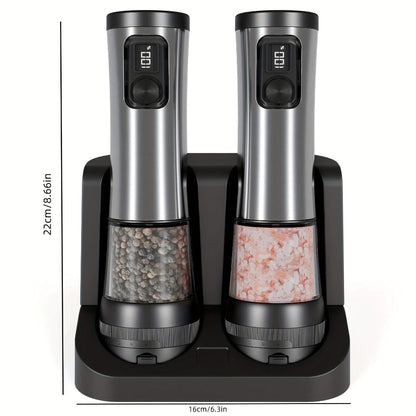 Electric Salt and Pepper Grinder Set Rechargeable USB Large with Base Adjustable Coarseness LED Display Kitchen Gift Silver Black