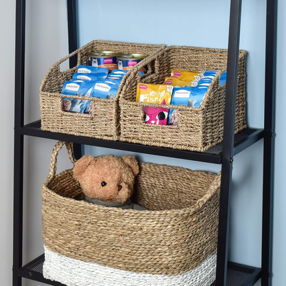 Water Hyacinth Pantry Storage Baskets 2-Pack with Seagrass Options and Integrated Shelf Handles