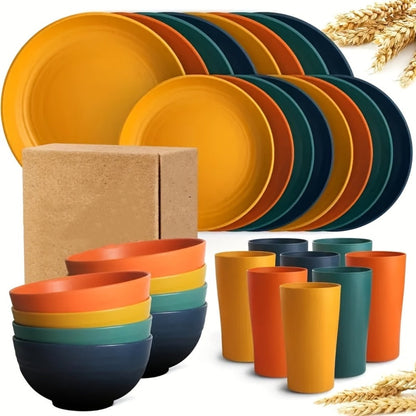 Wheat Straw Dinnerware Set 32/16pcs, Unbreakable Plastic Plates Bowls Cups, Colorful Outdoor Camping Dishes Service for 8