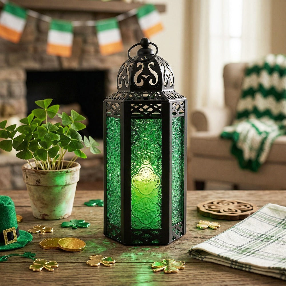 Moroccan Candle Lantern Holder - Decorative Metal & Glass Lantern with Embossed Floral Design for Indoor Home Decor