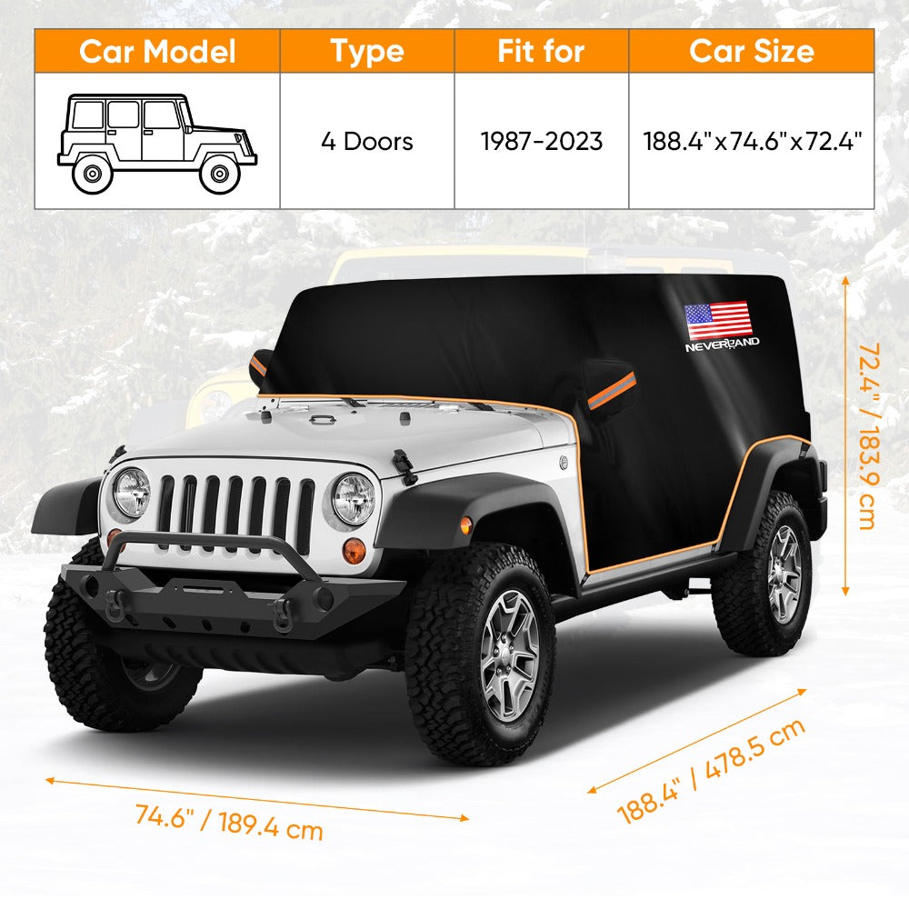 Jeep Wrangler Half Cab Cover in Black 210D Fabric with Reflective Strips, Storage Bag and 2-Door or 4-Door Options