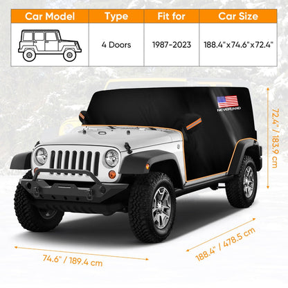 Jeep Wrangler Half Cab Cover in Black 210D Fabric with Reflective Strips, Storage Bag and 2-Door or 4-Door Options