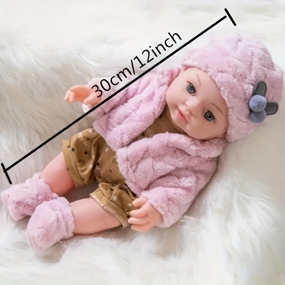 Bunny Ear Baby Doll 12 Inch Pink, Fluffy Bunny Ears PVC Realistic Newborn Comfort Doll, Cute Plush Toy for Boys & Girls Ages 3+