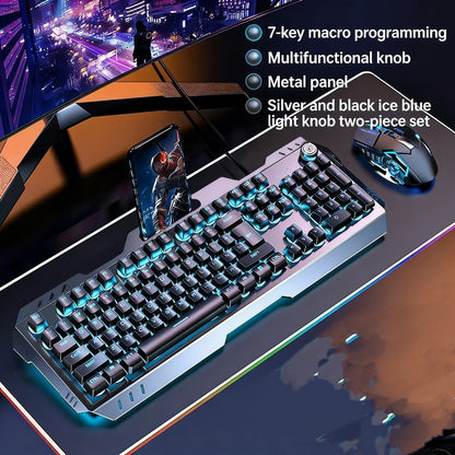 Gaming Keyboard Wired 104 Keys Full Metal Panel – LED Color Backlight, Multimedia Knob, Faux Mechanical Feel, USB