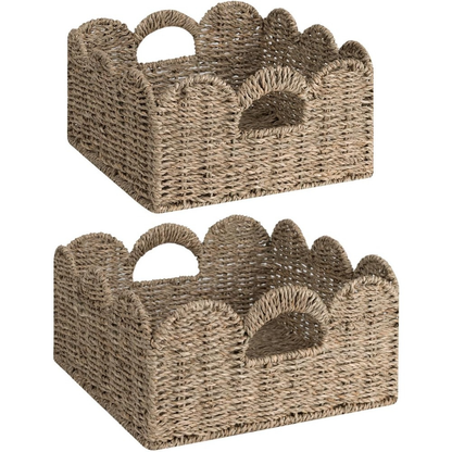 Scalloped Wicker Storage Baskets Set of 2 with Handles in Water Hyacinth or Seagrass Weave