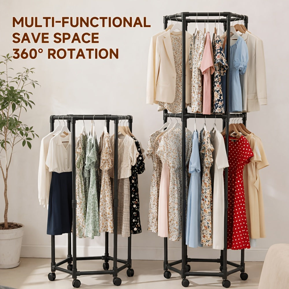 Rolling Hexagon Clothes Drying Rack 1 or 2 Layer, Sturdy Metal Floor Stand with Wheels, Multi-Bar & 10 Clips