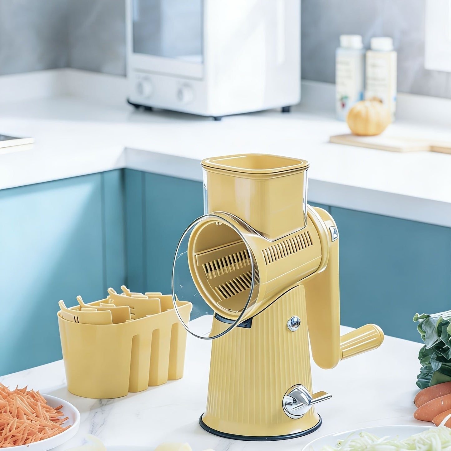 Rotary Cheese Grater with Interchangeable Blades, 5-in-1 Manual Vegetable Slicer Shredder Set, Suction Cup Base