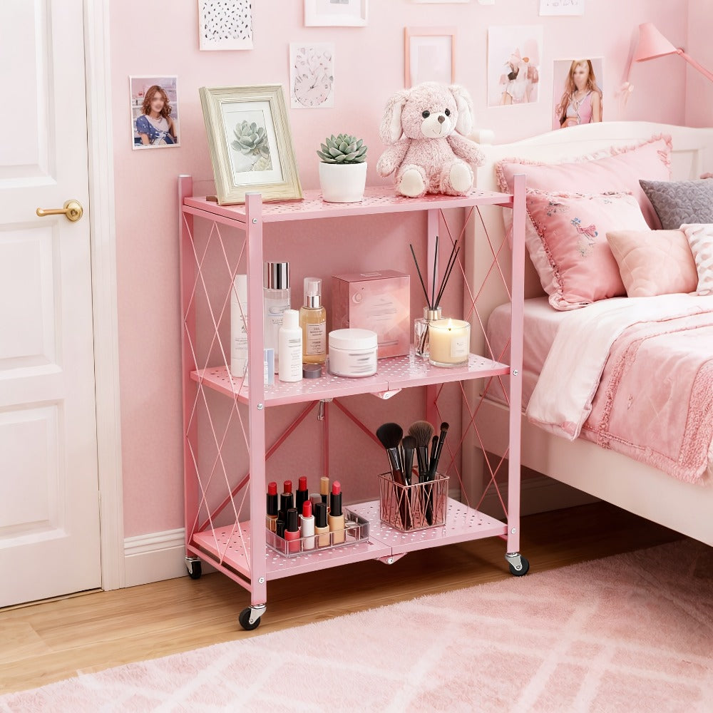 Three-to-Five-Tier Foldable Storage Rack with Carbon Steel Frame, Lockable Wheels and Three Colors
