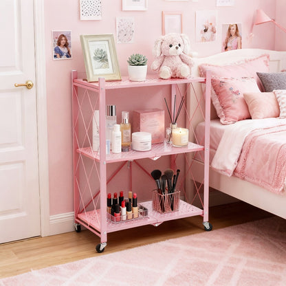 Three-to-Five-Tier Foldable Storage Rack with Carbon Steel Frame, Lockable Wheels and Three Colors