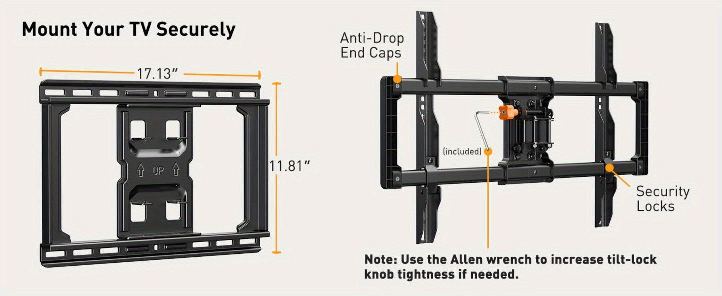 F11 Dual-Arm Full-Motion TV Wall Mount with Wide Wall Plate, Tilt, Swivel and Extension Controls