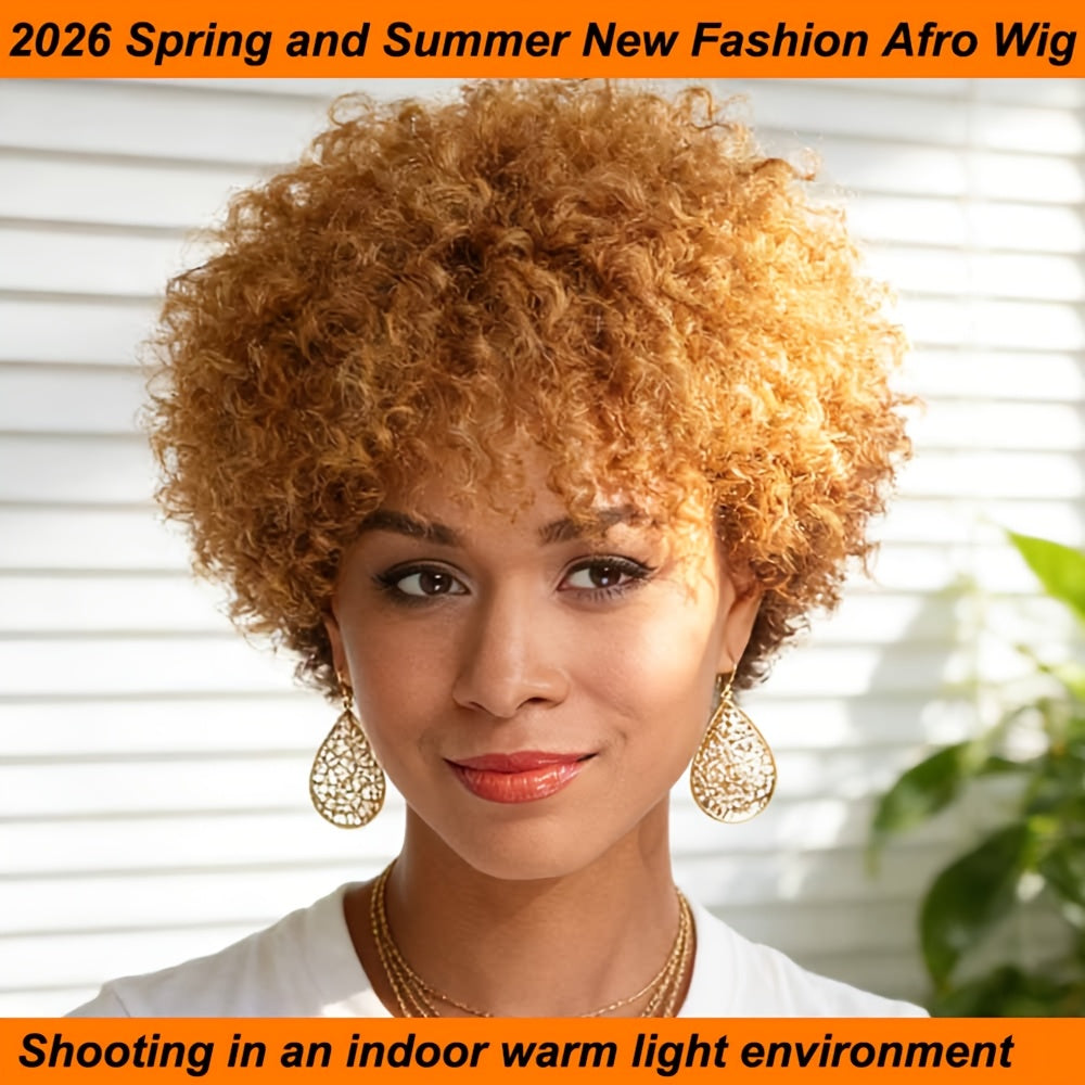 6-Inch Kinky Curly Afro Human Hair Wig with Glueless Cap and Deep Grey, Camel or Ginger Color