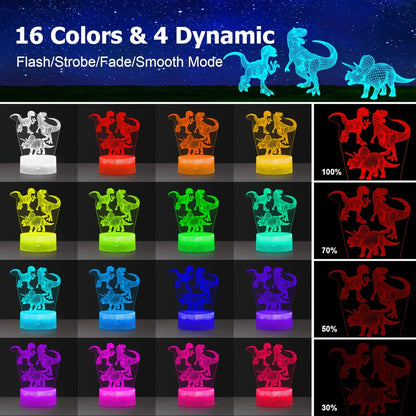3D Holographic Dinosaur Night Lamp 16 Color Changing T-Rex LED Bedside Lamp Remote Touch for Entryways, Bedrooms and Living Spaces