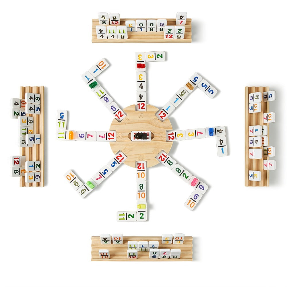 Mexican Train Dominoes Double 12 Set – 91 Colorful Tiles, 9 Metal Trains & 4 Wooden Racks, Complete Strategy Board Game with EVA Travel Case