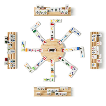 Mexican Train Dominoes Double 12 Set – 91 Colorful Tiles, 9 Metal Trains & 4 Wooden Racks, Complete Strategy Board Game with EVA Travel Case