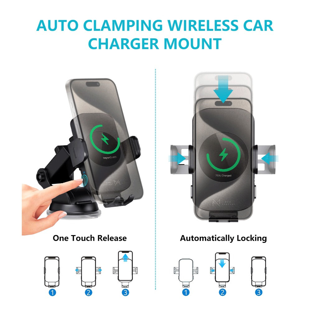 15W Auto-Clamping Wireless Car Phone Mount with Dashboard Suction Base and Blue or Gold Finish
