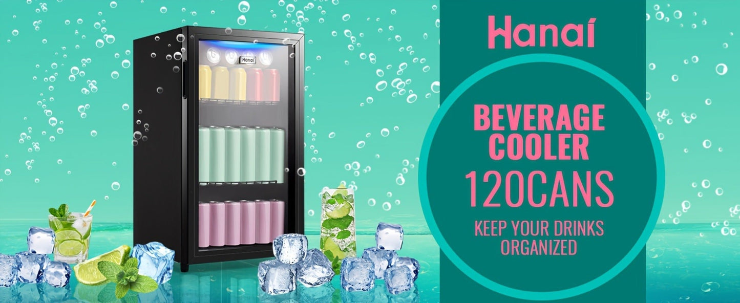 Beverage Refrigerator with Glass Door, Mini Drink Cooler Fridge with Blue LED Light, 3 Adjustable Shelves & R600a Compressor