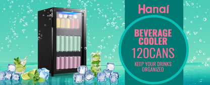 Beverage Refrigerator with Glass Door, Mini Drink Cooler Fridge with Blue LED Light, 3 Adjustable Shelves & R600a Compressor