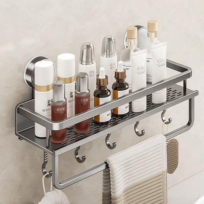 Shower Caddy Shelf Wall Mounted Suction Cup Rustproof Floating Bathroom Organizer Rack with Towel Hook for Shampoo Soap Accessories Space