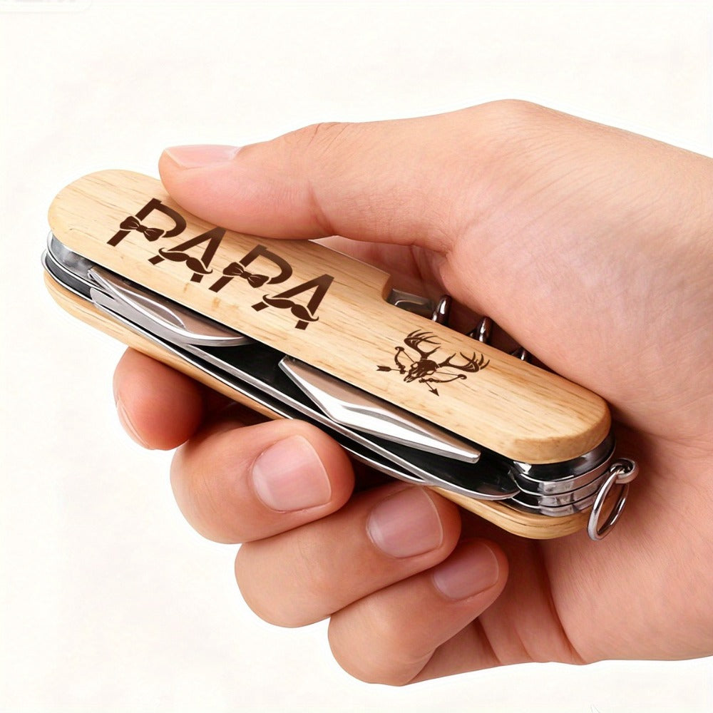 9-in-1 Multi-Purpose Keychain Tool Wood Handle Portable EDC Pocket Tool with Scissors for Entryways, Bedrooms and Living Spaces