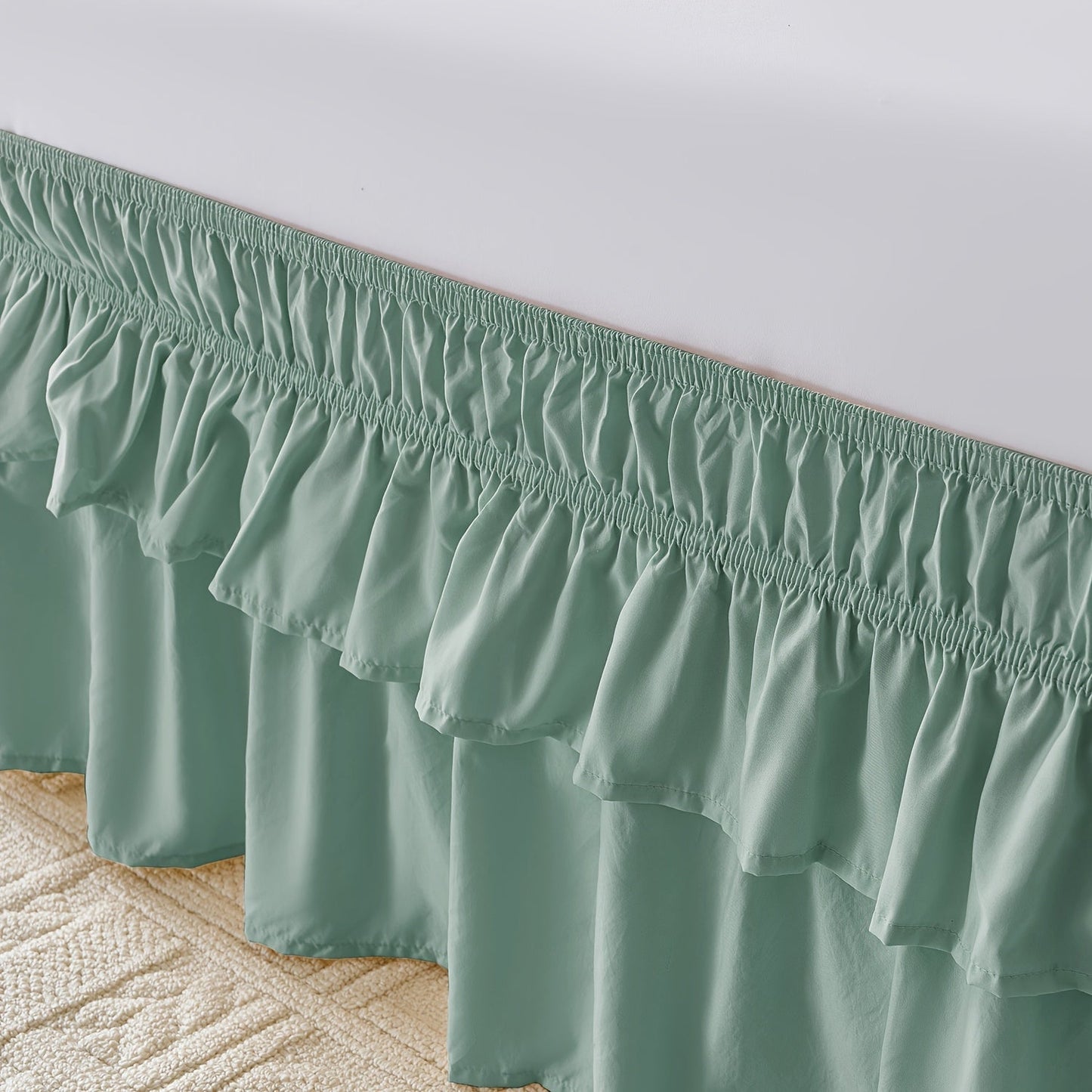 Double Ruffle Bed Skirt 16" Drop, Elastic Wrap Around Dust Ruffle for Twin Full Queen King Bed, Easy Install Linen Poly Blend Bedskirt