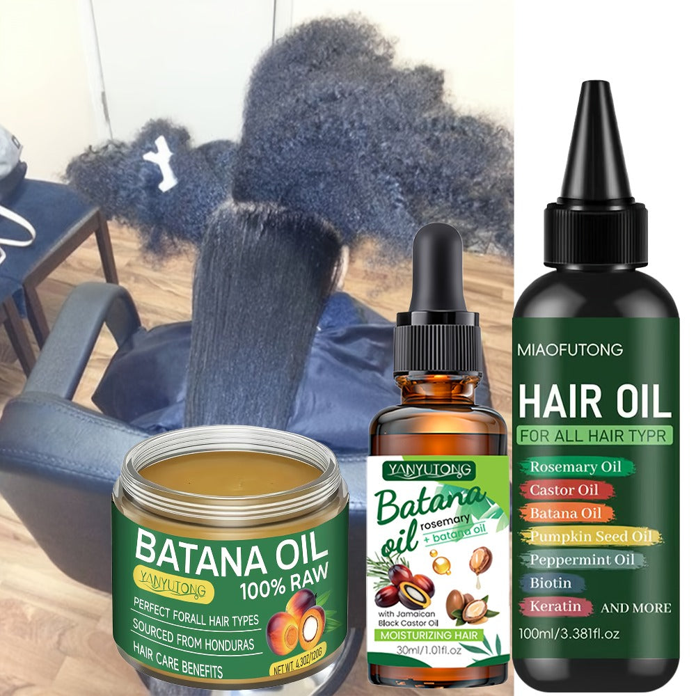 Biotin Hair Oil 3-Piece Set with Cold-Pressed Bataina Oil Essential Oil & Conditioner, Strengthens Breakage Split Ends Enhances Shine