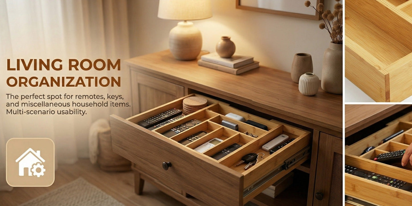 Expandable Bamboo Drawer Organizer with 6–8 Compartments, Sliding Sides and Natural Wood Finish