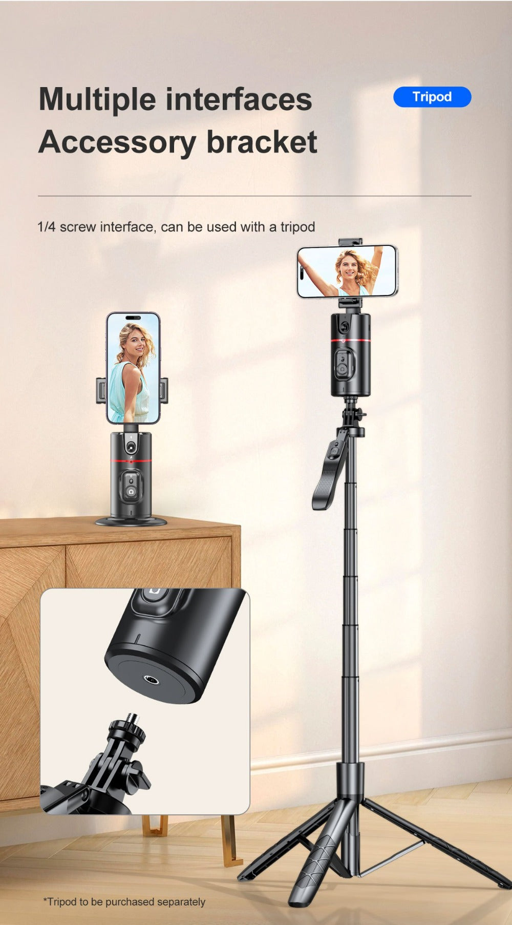 Gesture Control Auto Face Tracking Tripod with 360° Rotation & Wireless Remote No App Required
