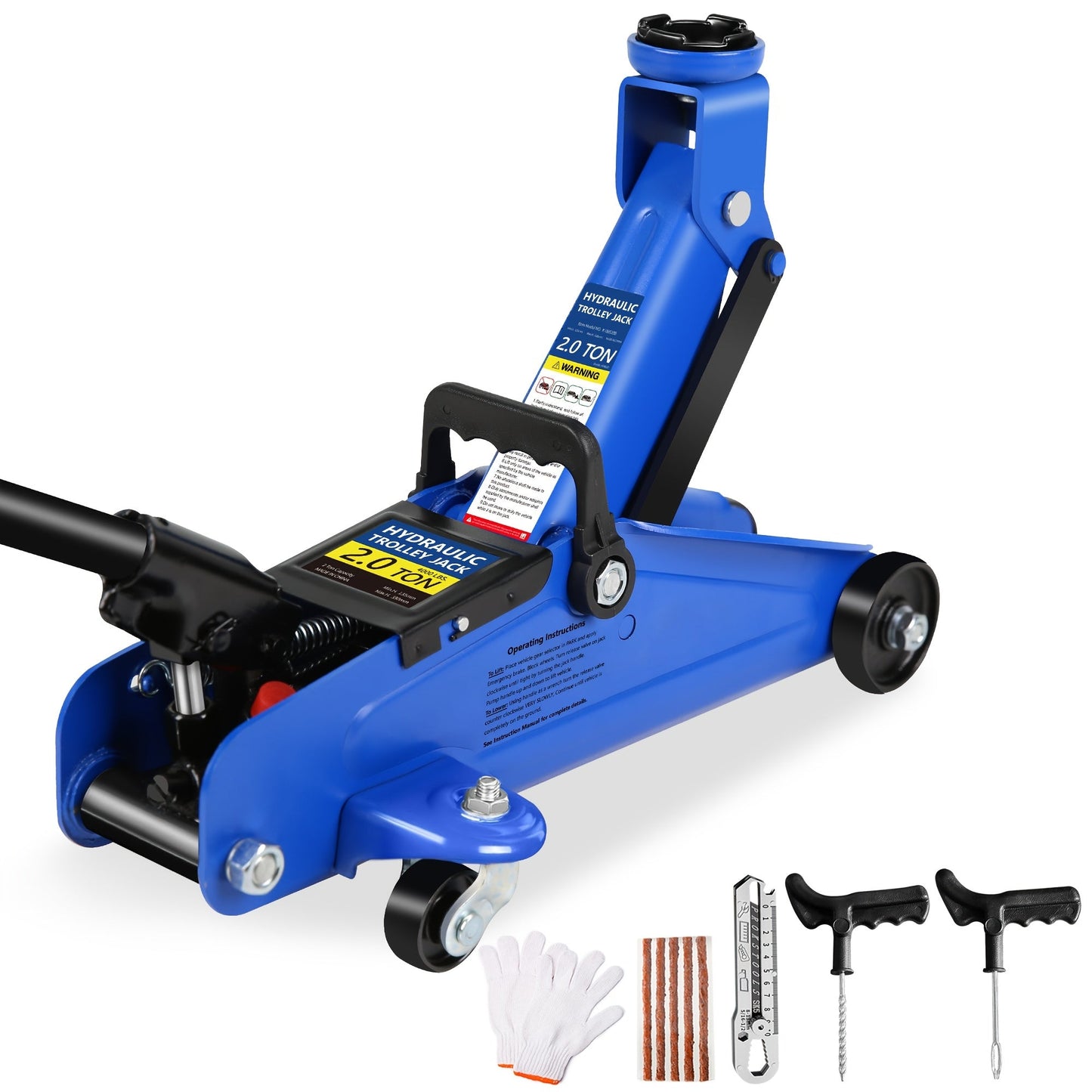 Hydraulic Floor Jack Kit 2/2.5/3 Ton Low Profile Trolley Jack with Jack Stands, Tire Repair Kit, Wheel Wrench & Wheel Chock Combo – Red/Blue