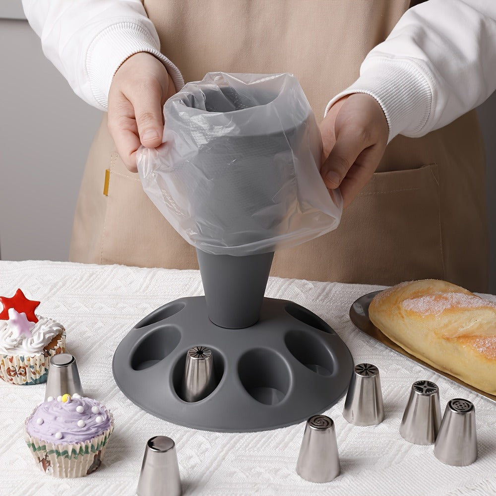 Piping Bag Holder Set 17pcs, Multi-Bag Icing Stand with Various Nozzle Tips for Cake Decorating, Cupcake Frosting, Cookie Decorating