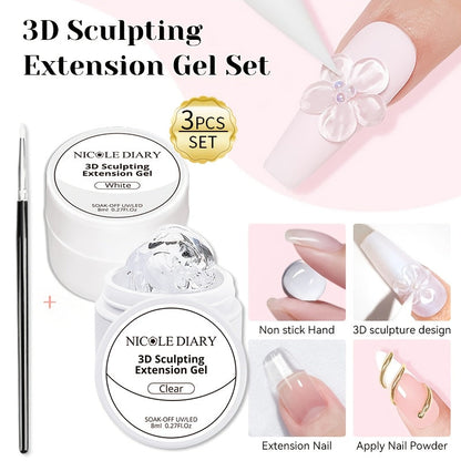 3D Sculpting Builder Gel Kit with Carving Pen – Clear & White Nail Extension Gel for Floral Nail Art, Acrylic Extensions & DIY Salon