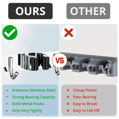 Wall Mounted Broom & Mop Holder – 304 Stainless Steel Broom Organizer with 4 Racks & 5 Hooks – Rustproof Non-Slip Wall Broom Hanger